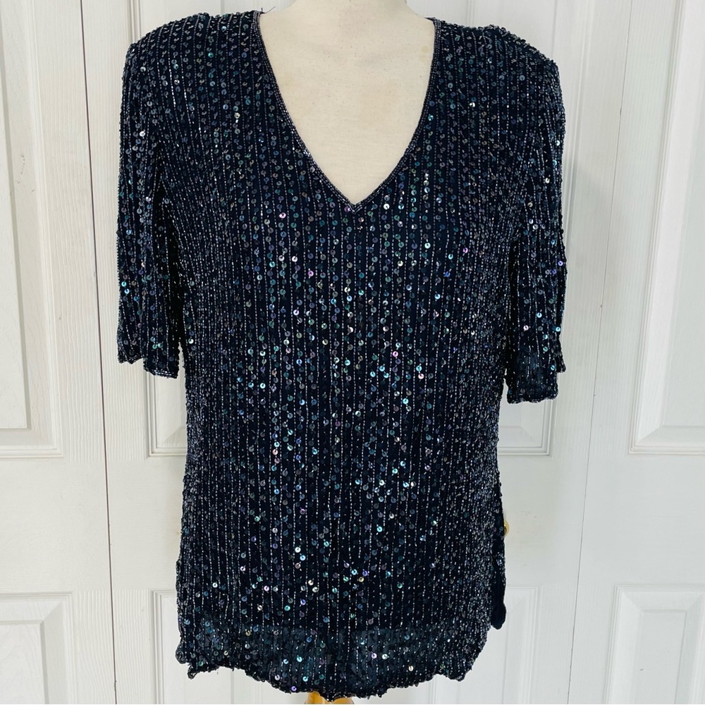 Vintage Frank Usher Beaded Short Sleeve 100% Silk Blouse